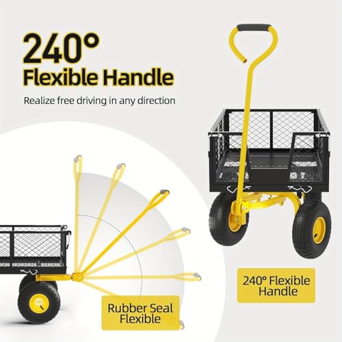 Heavy Duty Steel Garden Cart - 900 Lbs Capacity, Removable Mesh Sides Convert to Flatbed, Utility Metal Wagon with 180° Rotating Handle & 10" All Terrain Tires - Ideal for Garden, Farm, Yard Work