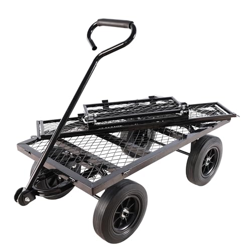 Solid Wheels Wagon cart Large-Capacity mesh Steel Garden Trolley with Detachable Side Without Inflatable Tires can be Used in fams,Warehouses and so on.The Load can Reach 1100 pounds. - color: Black Solid Wheels