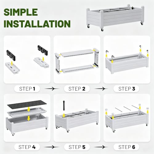 Raised Garden Bed with Wheels 74" Outdoor Planter Box Drainage,White - color: White, size: 13.3"h