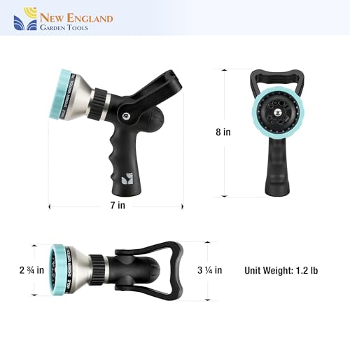 Heavy Duty Metal Firemanโs Hose Nozzle 500003, 10-Pattern Hose Sprayer with Lever Control & Comfort Grip, High Flow Design, by New England Garden Tools, for Watering Plants, Yards, Washing Cars & Pets