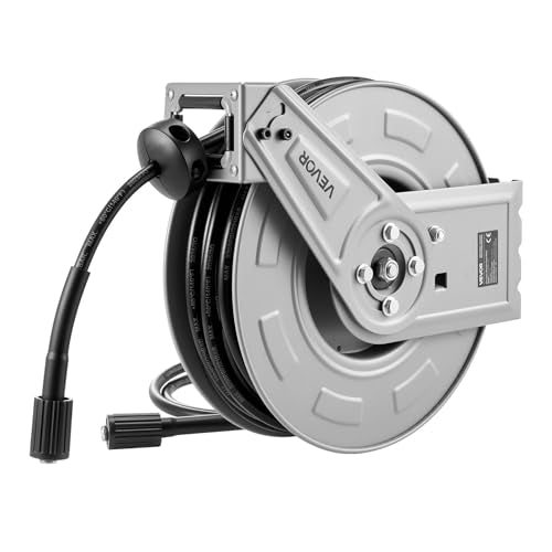 VEVOR Pressure Washer Hose Reel, 65 ft x 1/4 inch Retractable Power Heavy-Duty Steel Washer Hose Reel, 3200PSI Max, Auto-Rewinding, Flexible Wall/Floor Mounted for Car Washing,Garden,Floor Cleaning - size: 65 ft x 1/4 inch, 3200PSI