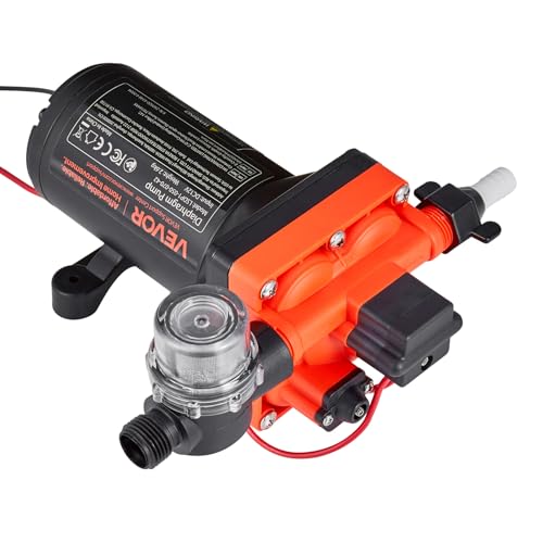 VEVOR RV Water Pump, 12V DC 5 GPM (18.9 L/min), 4-Chamber Self-Priming Diaphragm Water Pump with Automatic Pressure Switch, 70 PSI Max Pressure, On Demand for RV, Caravan, Marine, Yacht, Car Washing - size: 9.1×5.04×4.33 inch