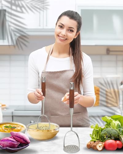 Brigii Potato Masher, Wooden Handle Potato Press, 304 Stainless Steel - color: wood color+silver