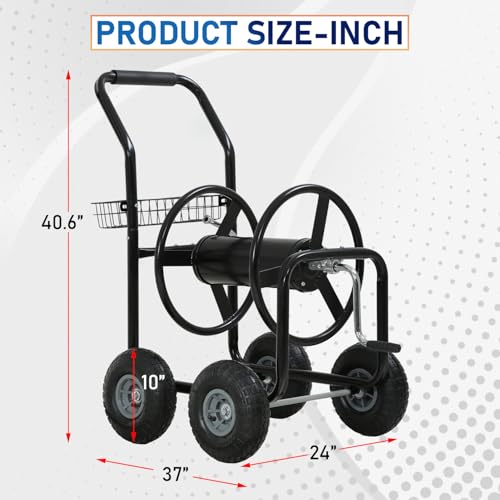 FDW Garden Hose Reel Cart, Water Hose Cart with 4 Wheels, Hold Up to 300 ft of 5/8’’ Hose,Heavy Duty Powder-Coated Steel Planting with Storage Basket, for Garden, Yard and Lawn - color: Black-1