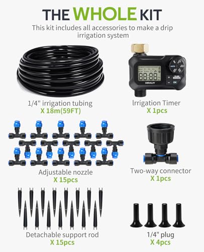 HIRALIY 59FT Drip Irrigation Kit with Water Timer, Quick-Connect - size: 59 feet