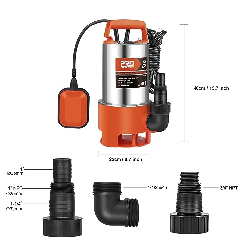 Prostormer 1HP 3700GPH Clean/Dirty Stainless Steel Submersible Sump Pump