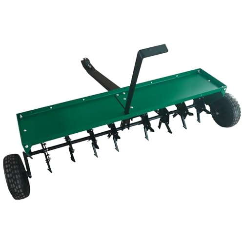 48" Tow Behind Lawn Plug Aerator with 30 Galvanised Steel Tines, Heavy Duty Pull Behind Plug Aerator with Universal Hitch, 3 in Spikes, Inflatable Wheels & Tray for Gardens, Lawns, Farms, Green - color: Green