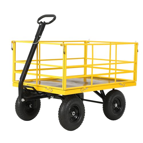 3-in-1 Heavy Duty Steel Garden Cart – 1500 lbs Utility Wagon with 13-Inch All-Terrain Wheels, Removable Mesh Sides, Swivel Handle – High Capacity Outdoor Trolley for Lawn, Farm, Tools – - color: Yellow
