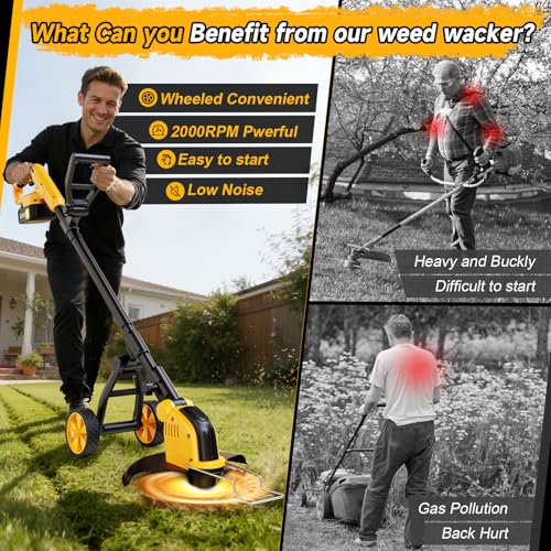 6000mAh 4-in-1 Electric Weed Wacker Cordless, 20000RPM Weed Eater Battery Powered, Heavy Duty Brush Cutter Edger Lawn Tool/Weed Trimmer/Grass Trimmer W/Wheel Metal Blade, 2 Battery Yard Tool - color: YELLOW