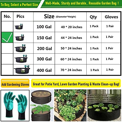 150 Gallon Big Raised Garden Bed Bag (44x24 inch) Large Plant Grow Bag for Potato,Tomato Planter,Herbs Veggies Planter,Flower Bed,Plant Container,Yard Waste,Lawn Debris,Leaf Bag with Gardening Gloves - size: 150 Gallon (44x24 inches)
