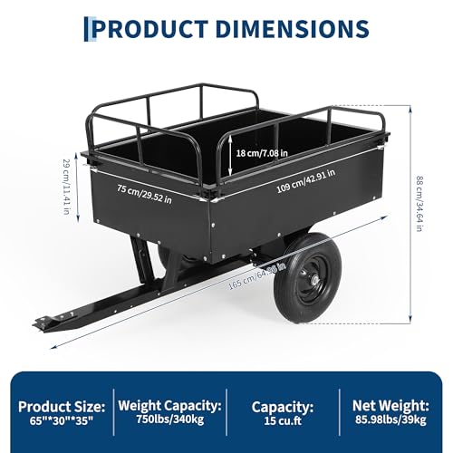 Heavy Duty ATV Trailer Tow Behind Steel Dump Cart 750LBS Capacity, 15 Cu. Ft Garden Utility Trailer with Removable Sides & Rear Hitch, Reinforced Steel Frame, for Riding Lawn Mower Tractor - color: Black