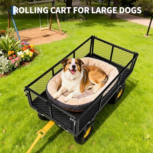 900 Lbs Heavy Duty Steel Garden Cart, Garden Wagon Cart on Wheels, Outdoor Metal Yard Utility Wagon Carts with and Mesh Removable Sides(Convert to Flatbed) and 180°Rotating Handle - color: Black, size: 43.5"D x 20.5"W x 21"H