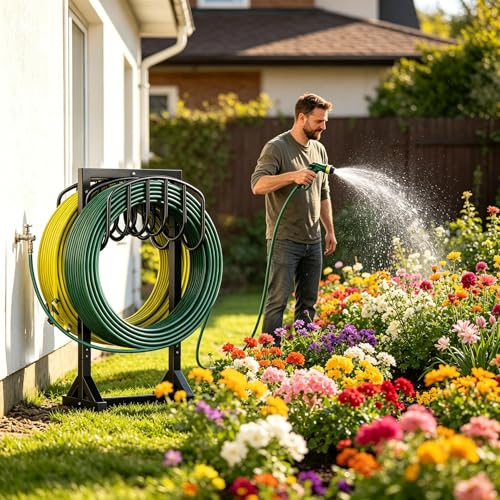 HeroicLion Garden Hose Holder Holds 2 x 151FT Hoses, Heavy-Duty Metal Freestanding Hose Stand Hanger with Stable Base, Rustproof Double Water Hose Holders for Outside Yard Lawn Farm, Black - color: Black-36.6 inch Height