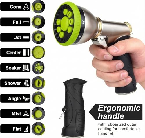 Garden Hose Nozzles,9 Spray Patterns Heavy Duty Metal Hose Sprayer Nozzle - color: Green