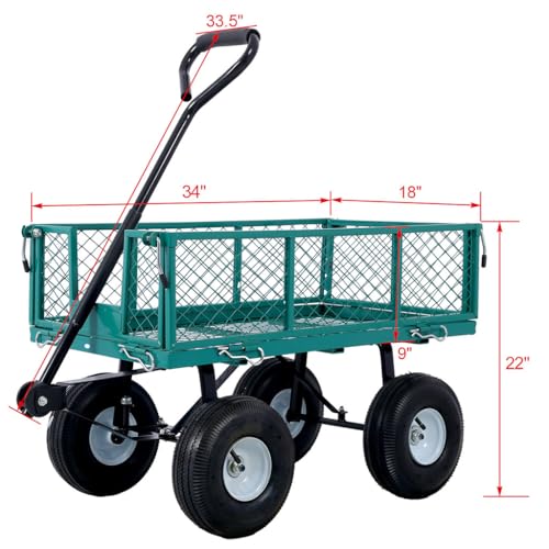 Steel Garden Cart, 550 lbs Capacity Heavy Duty Garden Wagons with Removable Steel Mesh, Sides to Convert Into Flatbed, Folding Utility Heavy Duty Wagons Carts for Yard, Garden, Farm,Green