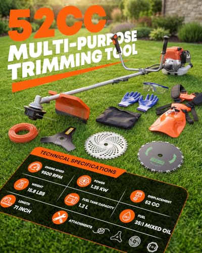 52cc Gas Weed Eater, 4-in-1 Weed Wacker Brush Cutter, Orange