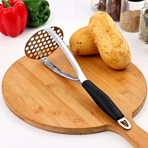 Joyoldelf Heavy Duty Stainless Steel Potato Masher, Professional Integrated Masher Kitchen Tool & Food Masher/Potato Smasher with Silicone Handle, Perfect for Bean, Vegetable, Fruits, Avocado, Meat - color: Black