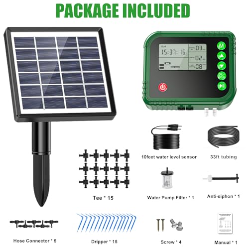 Lewisia Solar Automatic Drip Irrigation Kit with Timer and Water Sensor for 15 Potted Plants Self Watering System DIY Plant Waterer Auto-Irrigation Set for Garden Raised Beds Patio Greenhouse