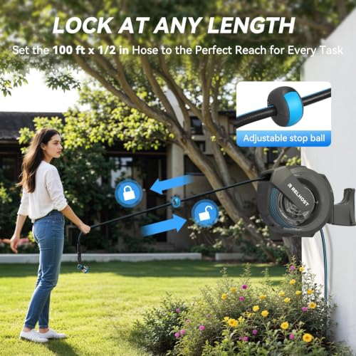 Retractable Garden Hose Reel, 1/2 in x 100 ft Wall Mount Heavy Duty Hose Reel with Any-Length Lock, Auto Rewind System, 180° Swivel Bracket, and 10-Pattern Nozzle for Garden, Dark Grey - color: Dark Grey, size: 100FT