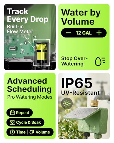 Solar WiFi Water Timer for Garden Hose 2-Pack with Hose Splitter, 4-Zone Solar Powered Smart Irrigation Controller with Flow Meter, Rain Delay & Auto Irrigation, Brass Inlet, No Hub Required