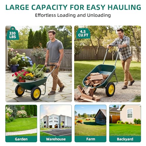 Dual-Wheel Wheelbarrow, 4.5 Cu Ft, 13" Pneumatic Tires - color: 4.5cbf|dark Green
