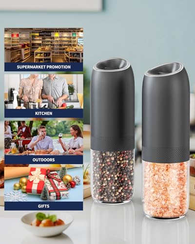 CIRCLE JOY Gravity Electric Salt and Pepper Grinder Set, Battery Powered Automatic Pepper Mills with Adjustable Coarseness, One Hand Operation, 176ml Large Container, Black - Includes 8 Batteries - color: Black Plus, size: Battery