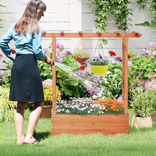 GIANTEX Raised Garden Bed with 2-Sided Trellis & Hanging Roof, Fir Wood Planter Box w/Drainage Holes, Freestanding Garden Planter for Flowers Herbs Climbing Vines (43"x15"x45") - size: 43"x15"x45"