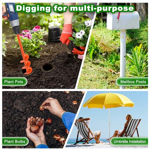 Insaga 4'' x 24'' Auger Drill Bit for Planting, Extra Long Heavy Duty Earth Auger for Post Hole Digger, 0.98'' Hollow Shank, Bright Orange Coating, Fit 3/8'' Hex Drive for Fence Post Tree Bulb Garden - size: 4'' x 24''
