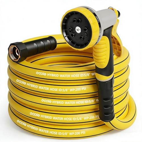 Garden Hose 25 ft x 5/8" with Nozzle, Water Hose Heavy Duty Flexible, Lightweight Kink-less Hybrid Hose with Swivel Handle, Male to Female Fittings (Yellow, 25FT) - color: Yellow, size: 25ft