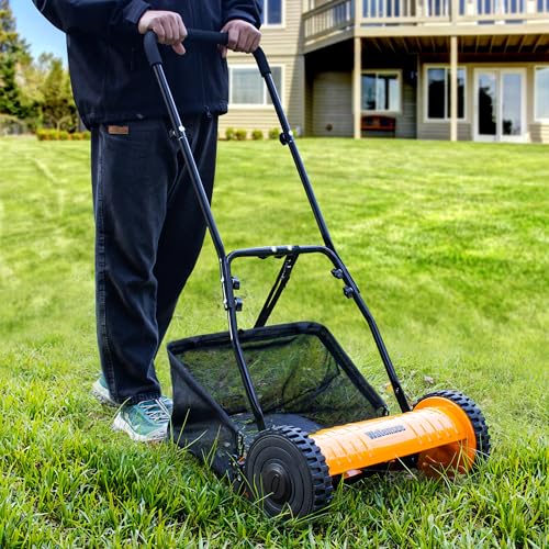 Walensee 16-Inch 5-Blade Push Reel Lawn Mower, Cordless Manual Reel Lawn Mower Walk-Behind Steel Lawn Mowers with Removable 7.9-Gallon Grass Catcher, Sponge Grip, 4-Position Cutting Height Adjustment - size: 16-Inch With Catcher