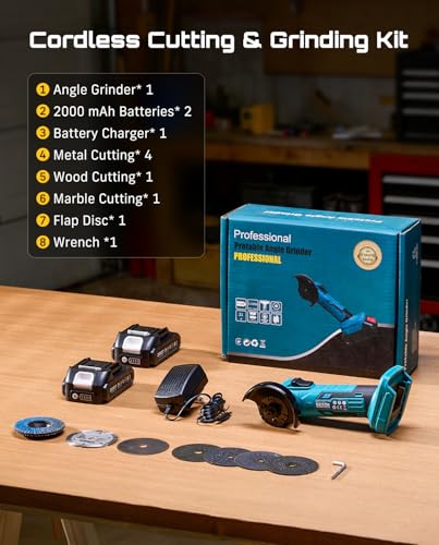 SEESII 3-Inch Cordless Mini Angle Grinder with 2× 21V 2.0Ah Batteries