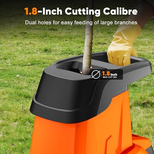15-Amp Wood Chipper Shredder, 50L Collecting Bin, High Efficiency Electric Mulcher Shredding Machine with 25:1 Reduction Ratio, 1.8In Cutting Diameter, Large Portable Wheels for Yard Cleanup, Orange - color: Tangerine