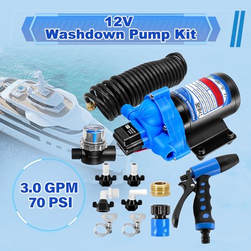 3.0 GPM 70 PSI Washdown Deck Wash Pump Kit, 12V Washdown Pump Kit with Strainer and Pressure Switch for RV,Boat,Sprayer,Travel Trailers,and Yacht TRWP1-030-070-33 - color: Black