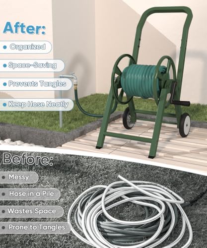 Artigarden Garden Hose Reel Cart with Wheels, Holds 165 ft of 5/8’’ Hose Outdoor Heavy Duty Powder-coated Steel Water Storage Holder Rack with 3.9 Ft Leader Hose for Outside Lawn Yard, Green