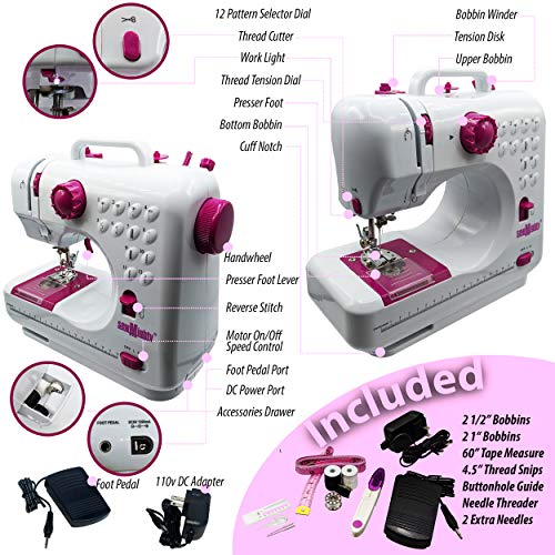 Portable Mini Sewing Machine & Sewing Kit – 12 Pre Programmed Stitch Patterns – Battery and AC Operated, Dual Speed, Sews Forward & Reverse, AC & DC Power – Includes Foot Pedal - style: With Kit & Table