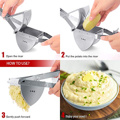 LHS Stainless Steel Potato Ricer and Masher, Heavy Duty Commercial Food Masher, Ergonomic Comfort Grip, Extra Large Capacity, Dishwasher Safe (Black) - color: Black