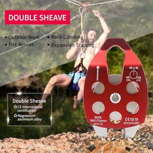 NewDoar CE Certified 30KN Large Rescue Single/Double Pulley with Swing Plate | Aluminum alloy 30kN/6746lb breaking strength,Fits rope up to 16mm ,Portable Ideal for rescue hauling & tree climbing - color: Red-Double Pulley-2pc