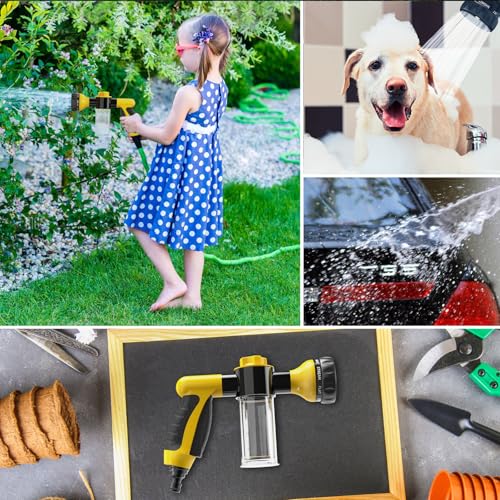 Garden Hose Nozzle, High Pressure Spray Gun Nozzle, 8 Spray Patterns for Watering Plants, Lawn, Patio, Cleaning, Showering Pet with 3.5oz/100cc Soap Dispenser Bottle (Orange)