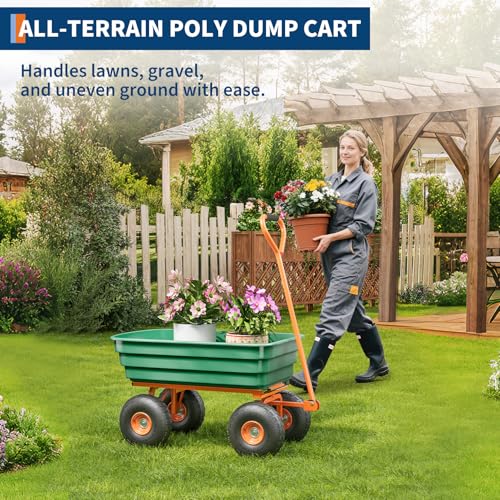 Poly Dump Cart - Heavy Duty 1200lbs Capacity, 125L Green Frame with Orange Bed Garden Utility Wagon, Quick-Release Dumping & 13” No-Flat Tires for Yard Work