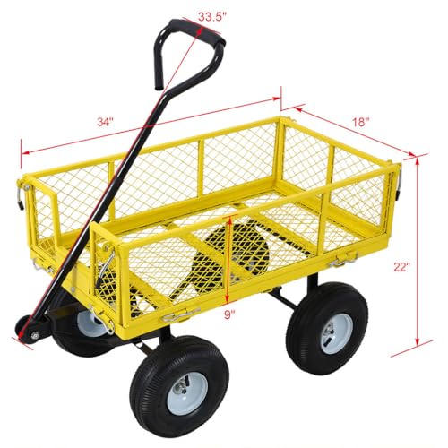 Steel Garden Cart, 550 lbs Capacity Heavy Duty Garden Wagons with Removable Steel Mesh, Sides to Convert Into Flatbed, Folding Utility Heavy Duty Wagons Carts for Yard, Garden, Farm,Yellow
