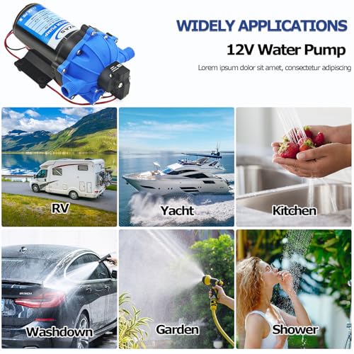 12V DC RV Fresh Water Pump, 7.0GPM 75PSI, Five Chamber Self-Priming Diaphragm Pump with Heavy-Duty Pressure Switch and Filter, Ideal for RVs, Yachts, Farmland, and Garden Irrigation, Camping