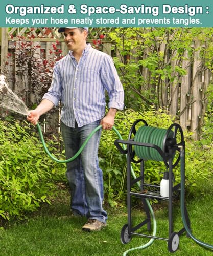 Artigarden Garden Hose Reel Cart with Wheels, Outdoor Heavy Duty Powder Coated Steel Water Winder Storage Holds 125 ft 5/8" Hoses with 3.9ft Leader Hose and Basket for Backyard, Yard, Lawn, Black - color: Black