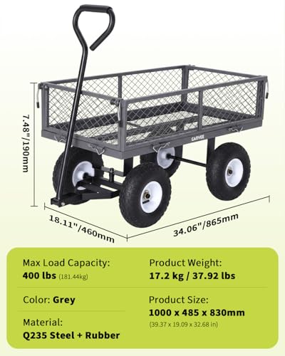 Heavy Duty 400 lbs Garden Cart Wagon – Steel Utility Cart – 10" All-Terrain Pneumatic Tires – Removable Mesh Sides, Waterproof Liner – for Lawn, Yard, Farm, Gardening – Grey, Bunnings - color: Gray