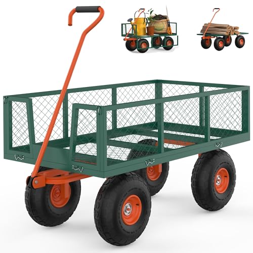 500 LBS Steel Garden Cart, Garden Wagon Cart Pullable on Wheels, Yard Utility Wagon Carts with 10 in Wheels, Removable Sides & 180° Rotating Handle for Lawn, Farm, Warehouse, Outdoor Use - color: 500 Lbs Green & Orange