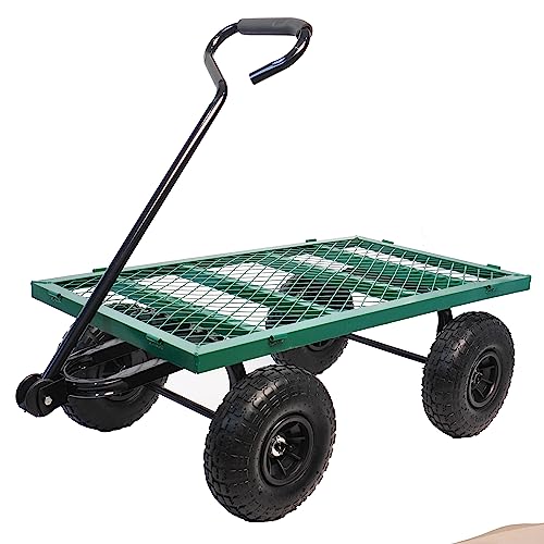 with a Four-Wheeled Trailer with a Double-Deck Detachable Side,the Steel Multifunctional Heavy-Duty net car can be Used in Farms,Warehouses and Other Places. - color: Green Double Layer