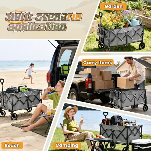 Wagons Carts Foldable,Collapsible Wagon with Wheels,450LBS Heavy Duty Beach Wagon Cart,Lightweight Portable Folding Utility Wagon Cart with Cup Holders for Camping, Garden, Sports, Grocery pcs (Gray) - color: Gray