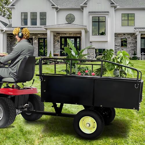 GarveeLife Utility Trailer, ATV Steel Garden Trailer, 750 Lbs 15 Cu.Ft. with Removable Sides, Pneumatic Tires and Quick Dump Pull Back, Heavy Duty Lawn Mower Trailers for Lawn Mowers, Tractors, Farm