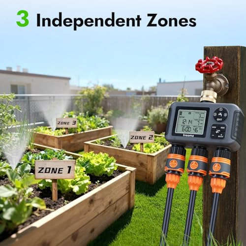 Insoma Water Timer with Brass Inlet, 3 Independent Zones Outdoor Hose Timer for Garden Faucet with Auto/Manual/Rain Delay Mode, IPX5 Waterproof, Sprinkler Irrigation Controller for Yard Lawn - size: 3-Zones