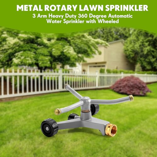 2 Pcs Metal Rotary Lawn Sprinkler 3 Arm Heavy Duty 360 Degree Automatic Revolving Whirling Water Sprinkler with Wheeled Base for Lawn Yard Garden Backyard, Cover up to 538 sq ft (Grey)