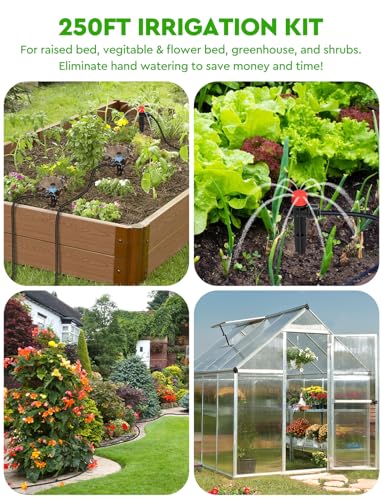 250FT Drip Irrigation System for Garden - 50FT 1/2" Main Tube & 200FT 1/4" Branch Tubing, Brass Splitter, Quick Connect Design, Perfect for Outdoor Plants, Raised Beds, Greenhouses - size: 250 FT